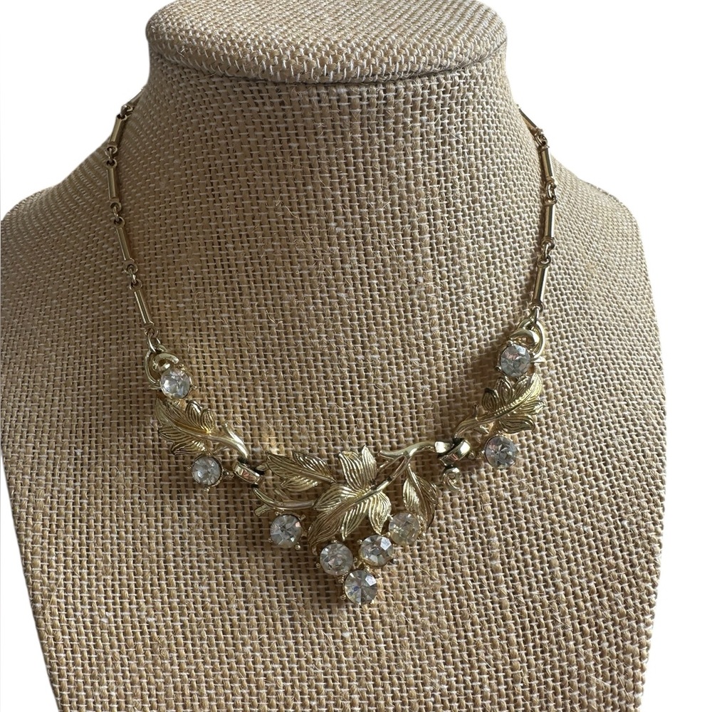 Vintage Coro Leaf and Rhinestone Gold Necklace